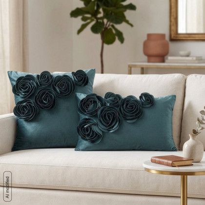 Zamatová obliečka 30x50 cm na vankúš FLORES, 3D ruže tmavomätové Zamatová obliečka 30x50 cm na vankúš FLORES, 3D ruže tmavomätové